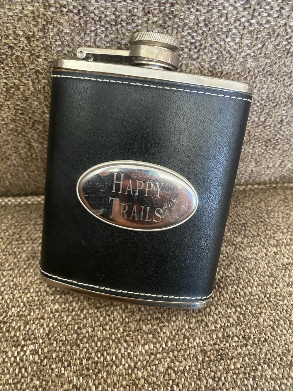 Happy Trails Black Leather Flask with Silver Accent